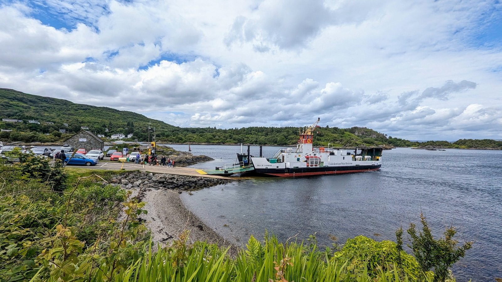 The CalMac ferry Isle of Cumbrae at the slipway between Tarbert and Portavadie on Loch Fyne.