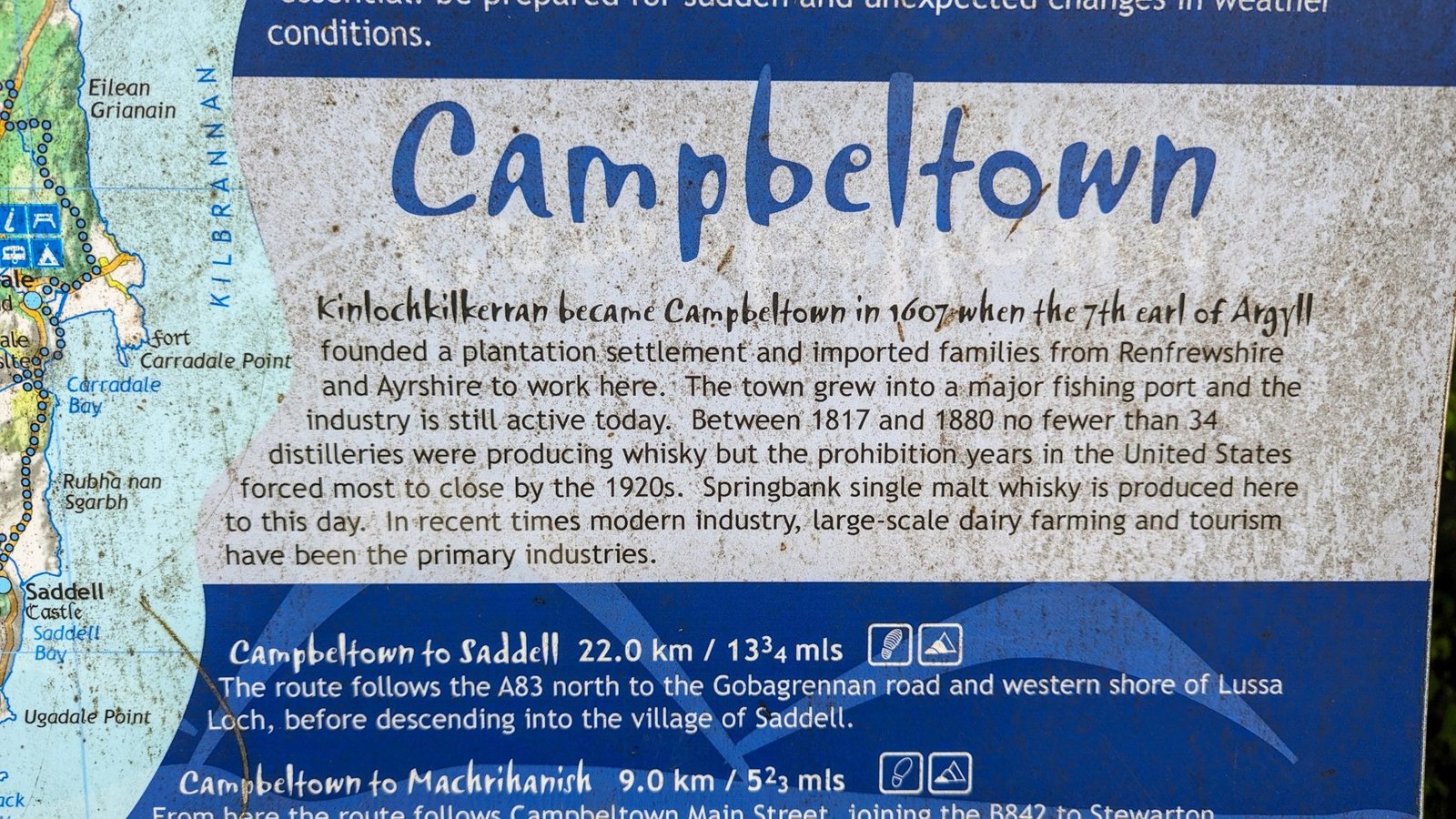 A town interpretation board telling the history of Campbeltown, once home to more than 30 distilleries.