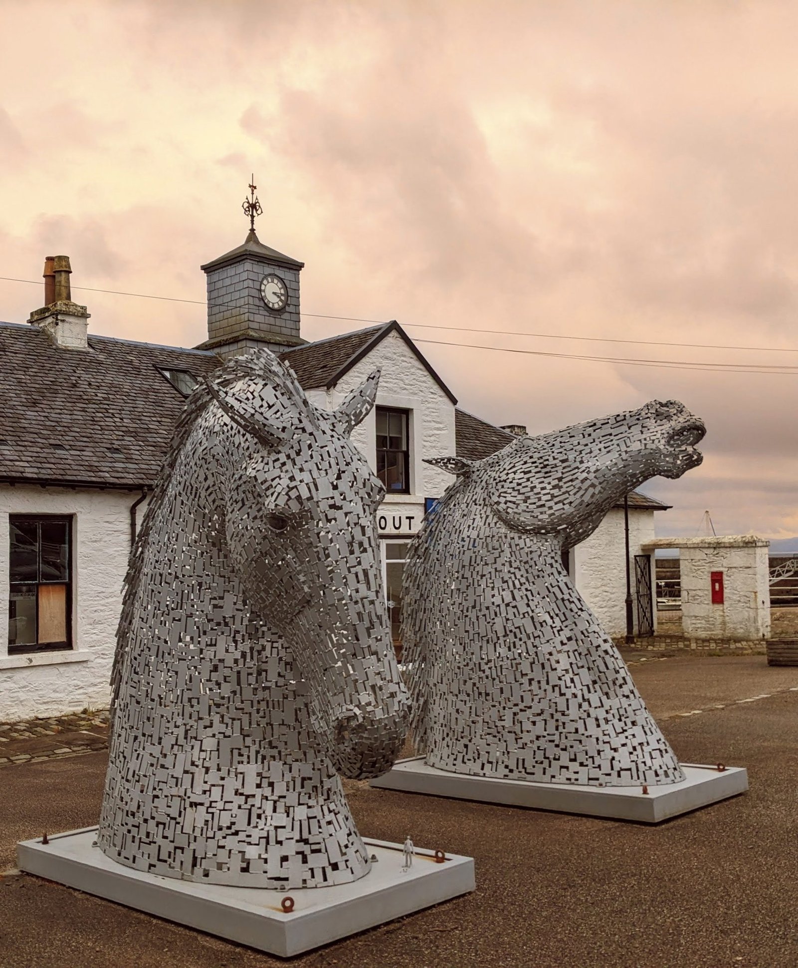 Two stainless-steel horse-head sculptures — the Wee Kelpies — beside the Crinan Canal at Ardrishaig.