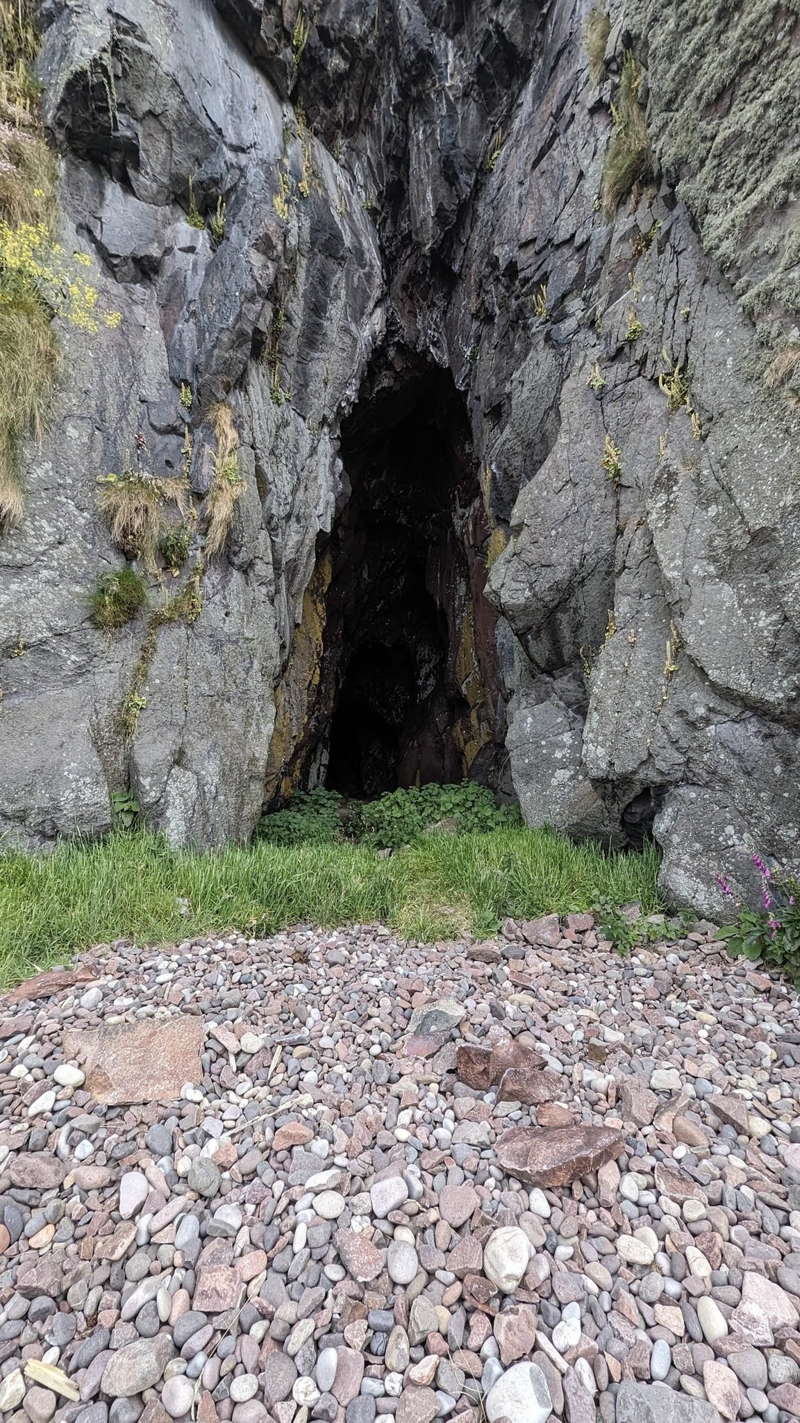 The dark mouth of one of the seven sea caves in the cliffs on the southern shore of Davaar Island.