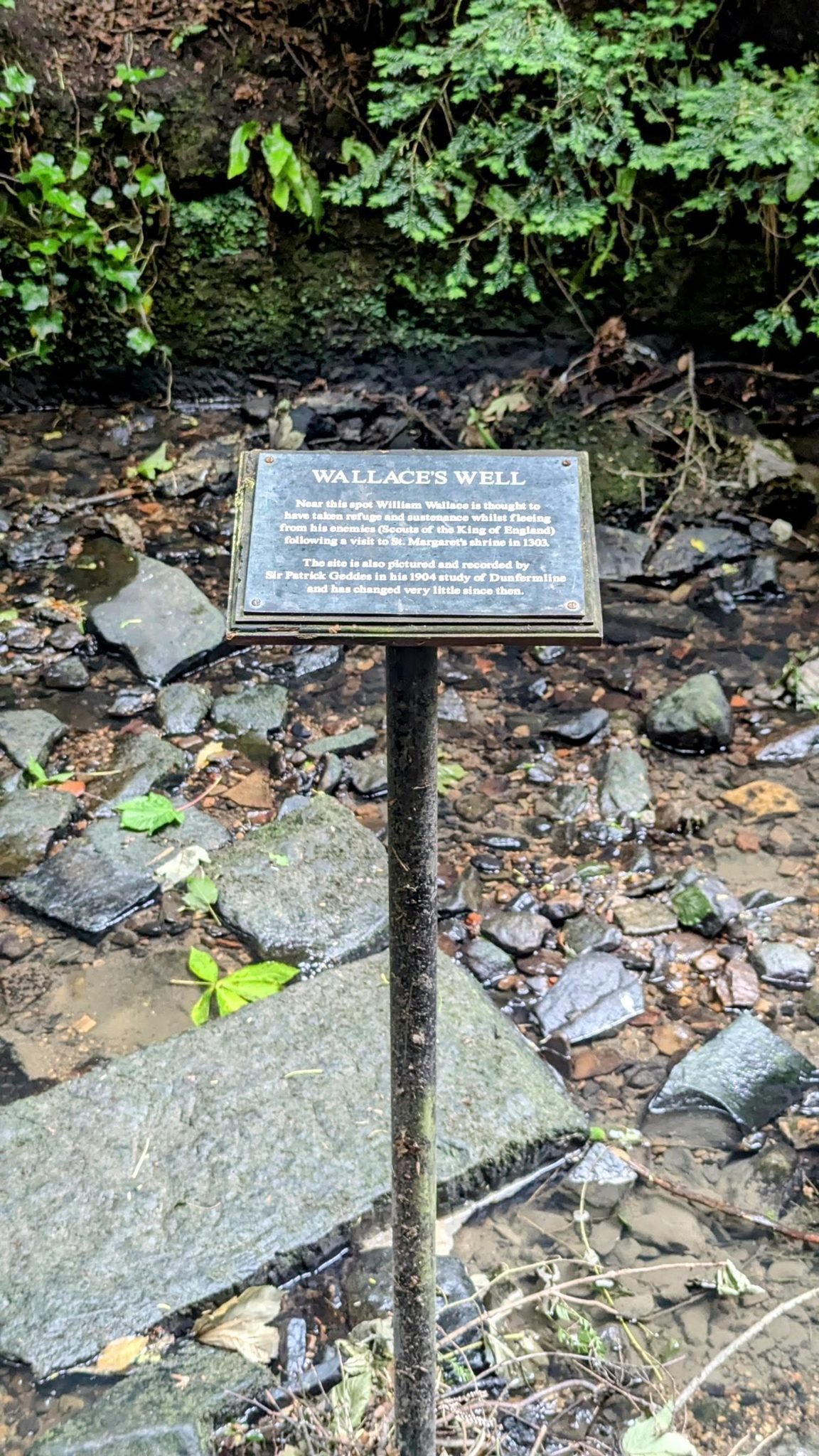 A small plaque marking 'Wallace's Well' among rocks and greenery in Pittencrieff Glen, Dunfermline.