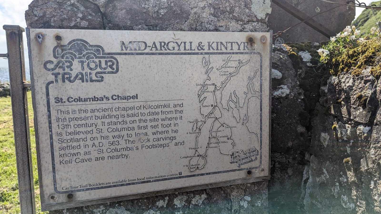 A Mid-Argyll & Kintyre car-tour interpretation sign for St Columba's Chapel at Keil.