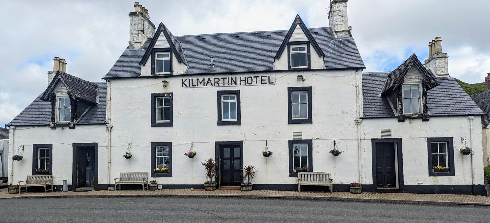 The white-painted Kilmartin Hotel, an old coaching inn, in Kilmartin village.