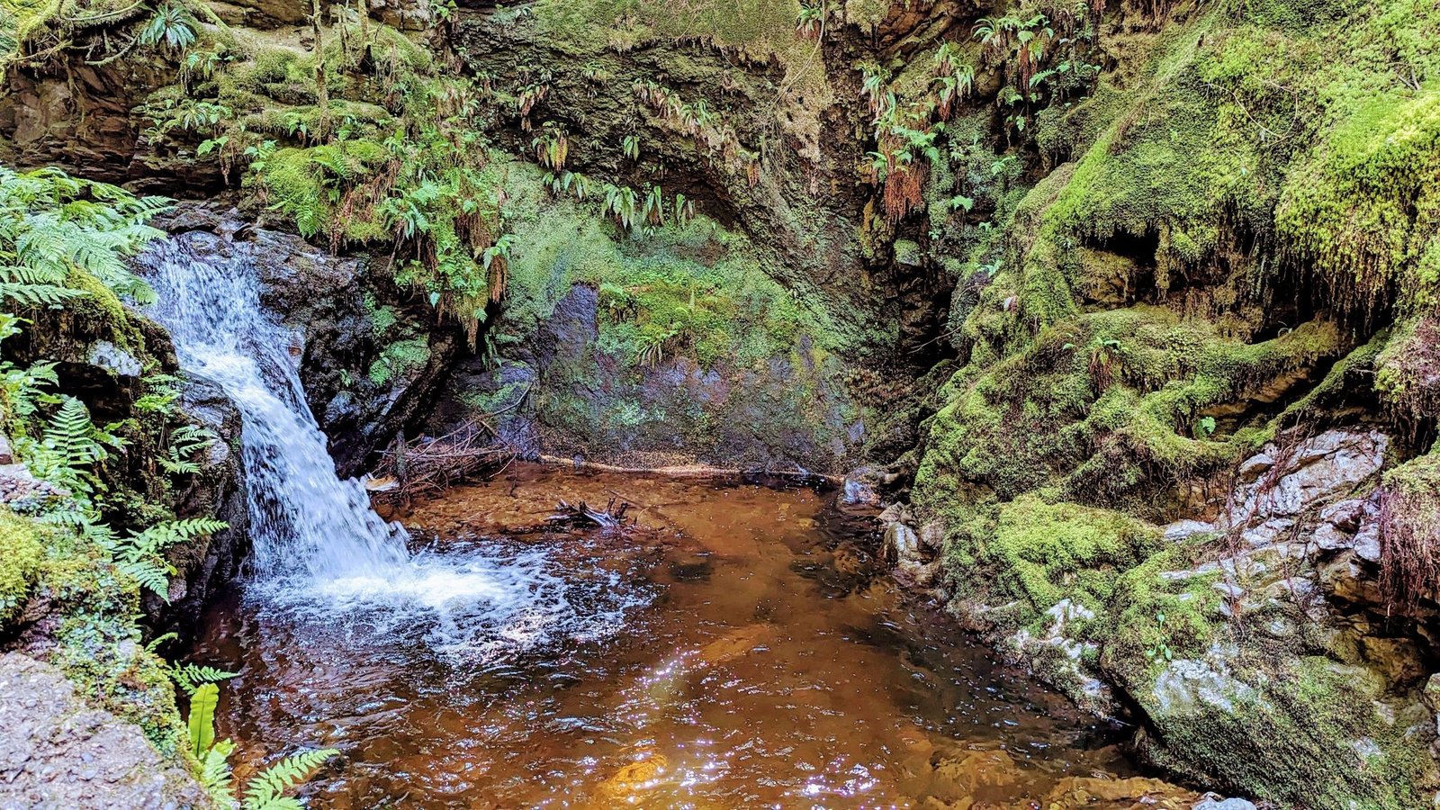 A white waterfall tumbling into an amber, iron-tinted pool among mossy rocks in Puck's Glen.