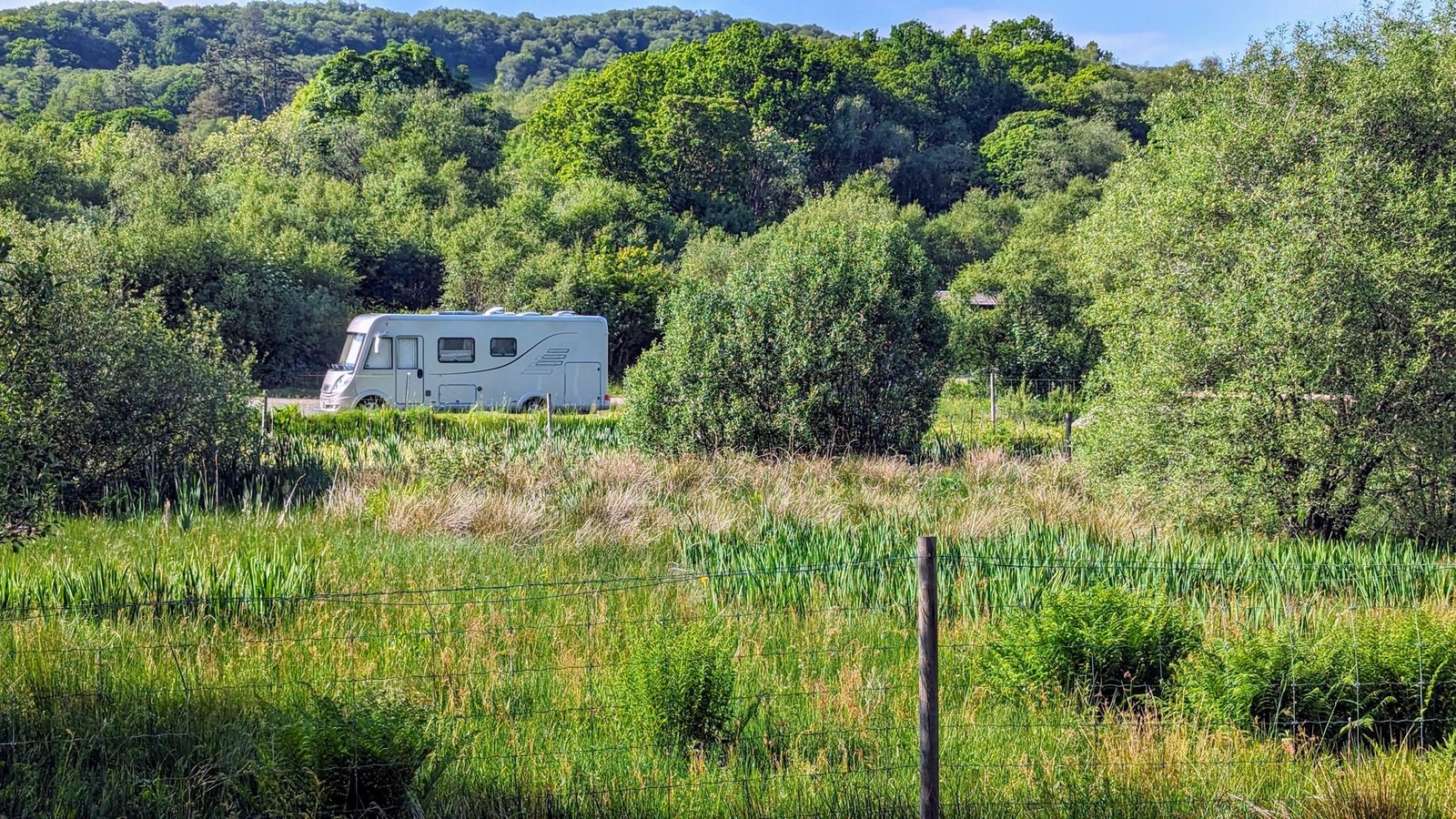 A motorhome pitched in a green reed-fringed field at a campsite near Tarbert.