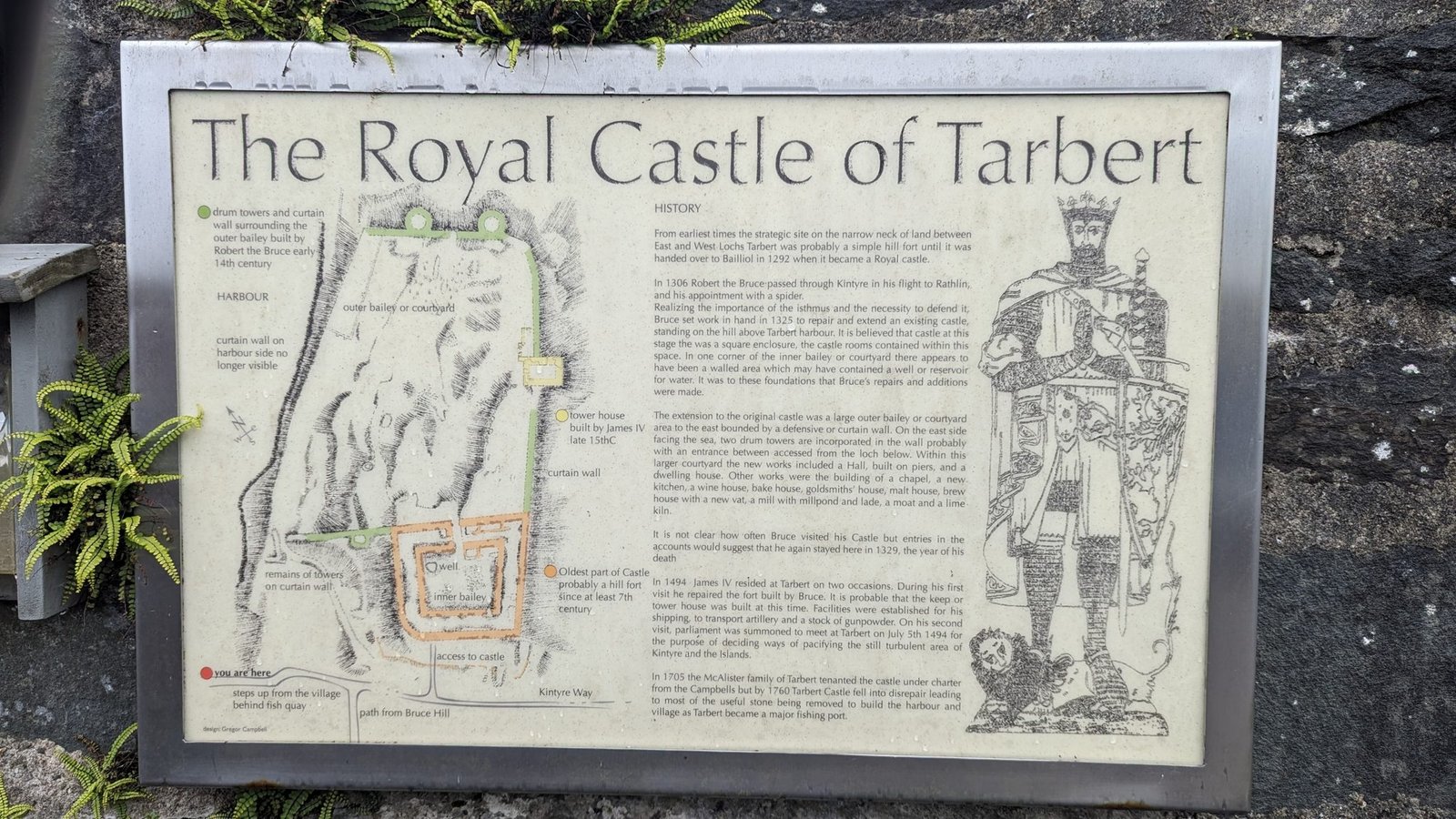 An interpretation board titled 'The Royal Castle of Tarbert' with a map and a drawing of a medieval king.