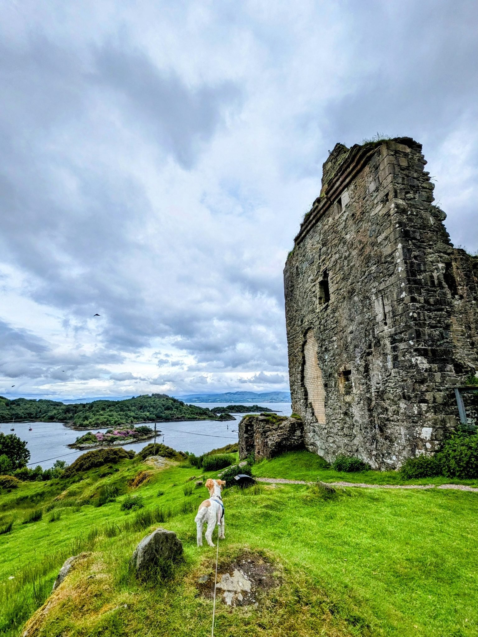 The tall ruined tower keep of Tarbert Castle on a grassy hill under a cloudy sky.