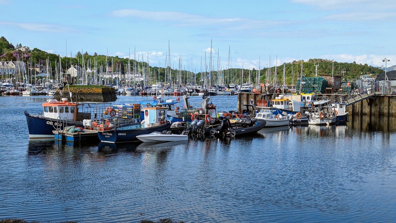 Fishing boats moored in Tarbert harbour with yachts and green hills behind.