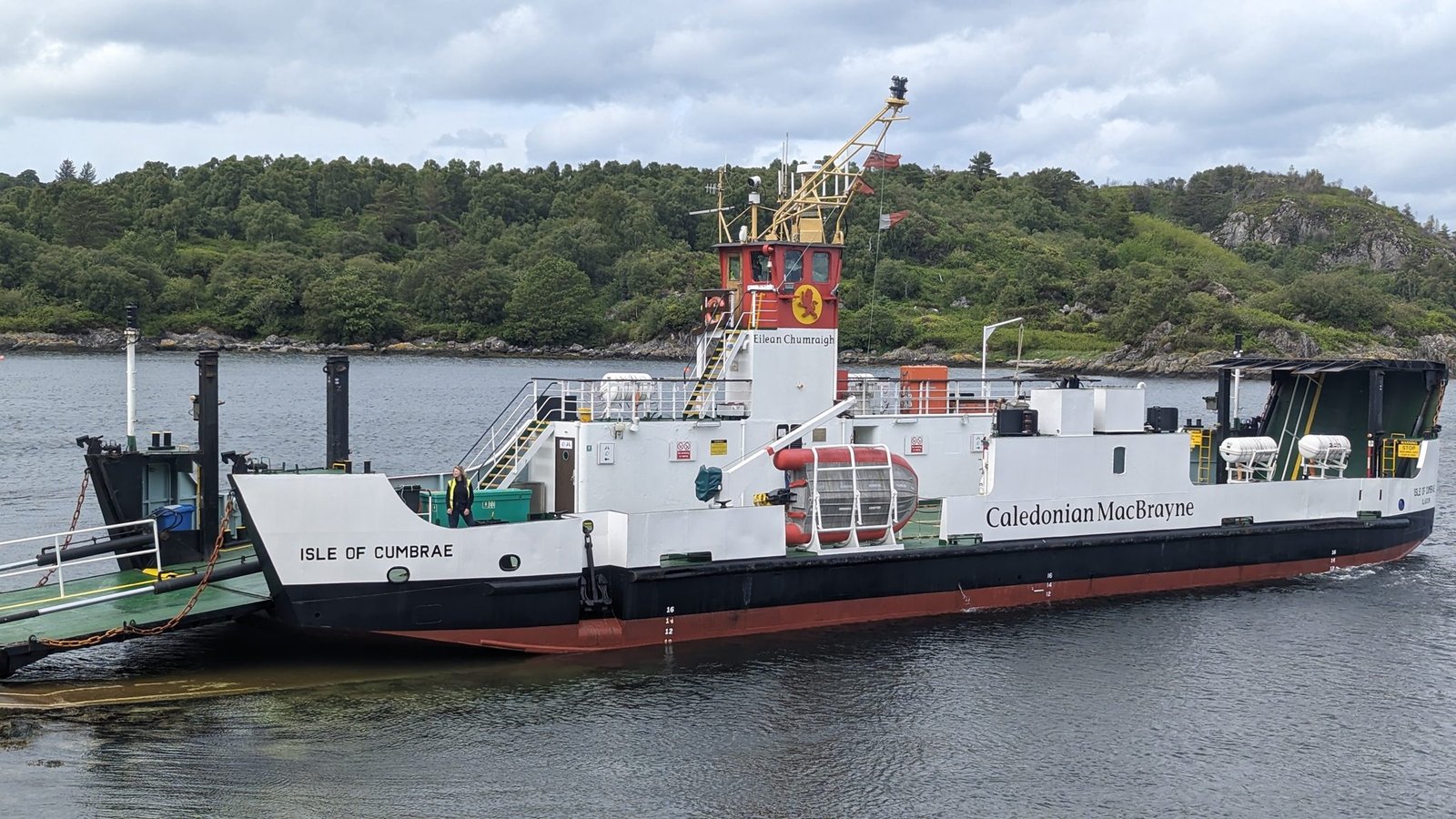 The CalMac ferry Isle of Cumbrae at a slipway between Tarbert and Portavadie on Loch Fyne.