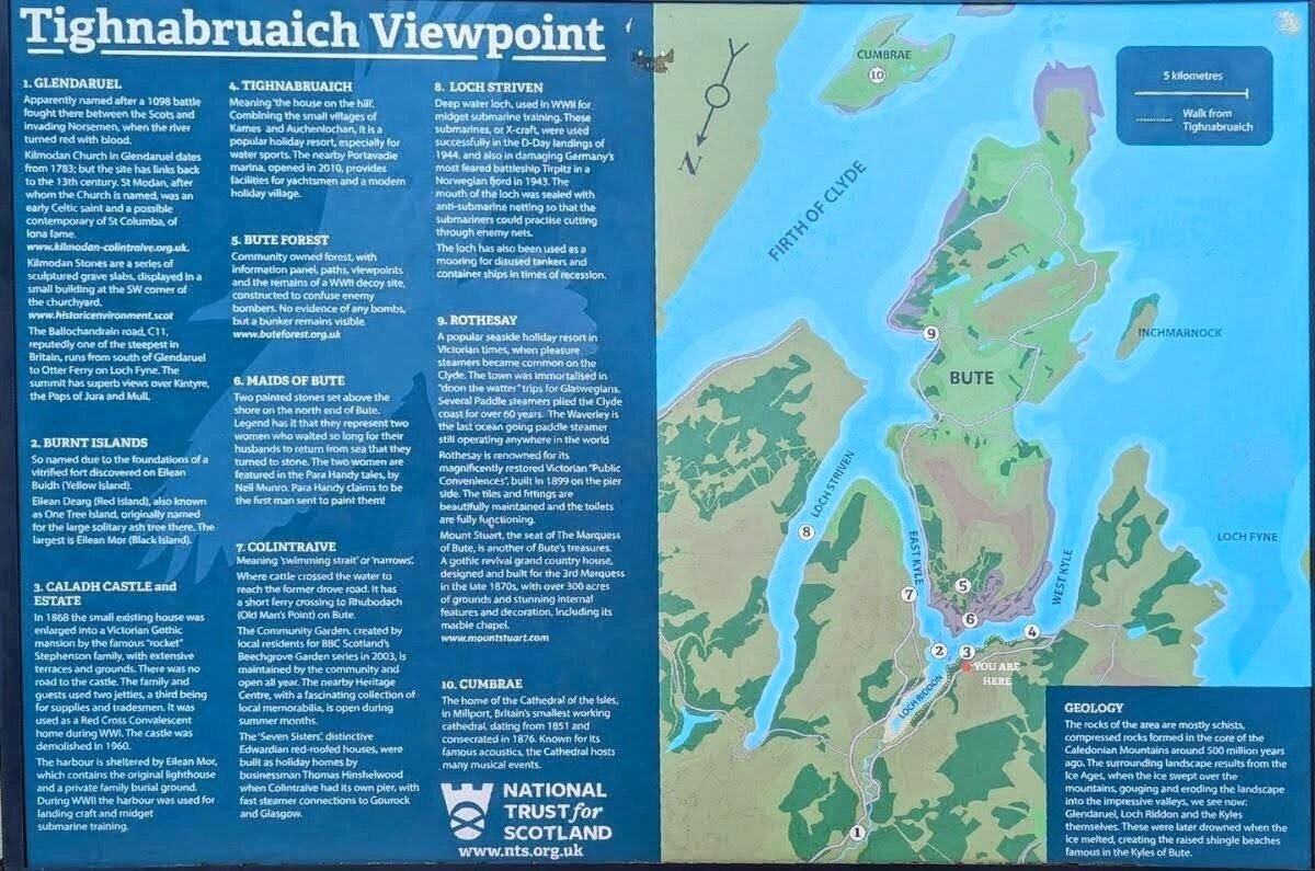 The National Trust for Scotland 'Tighnabruaich Viewpoint' interpretation board, with a map of the Kyles of Bute and the Isle of Bute.
